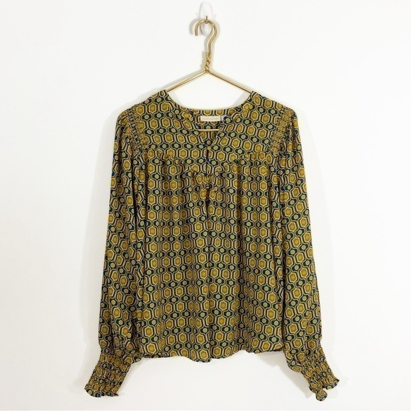 Happy Nature Kate Hudson Medium Geometric Yellow Blue Balloon Sleeve Blouse Top‎ - Picture 1 of 10